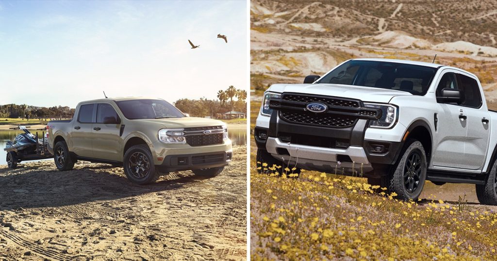 Two photos comparing the Ford Maverick and Ford Ranger.