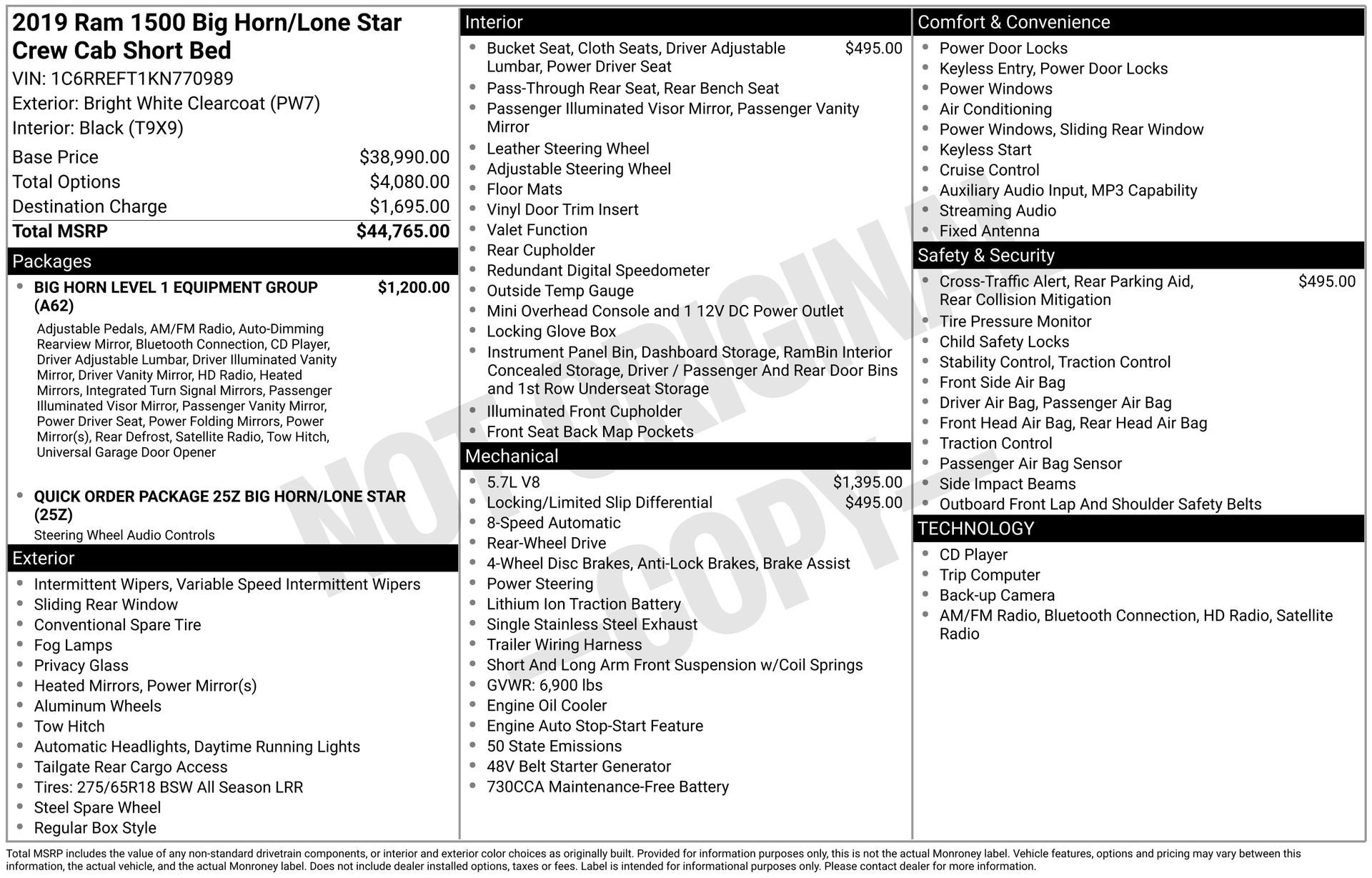 2019 RAM 1500 Big Horn/Lone Star Crew Cab 4x2 5'7' Box